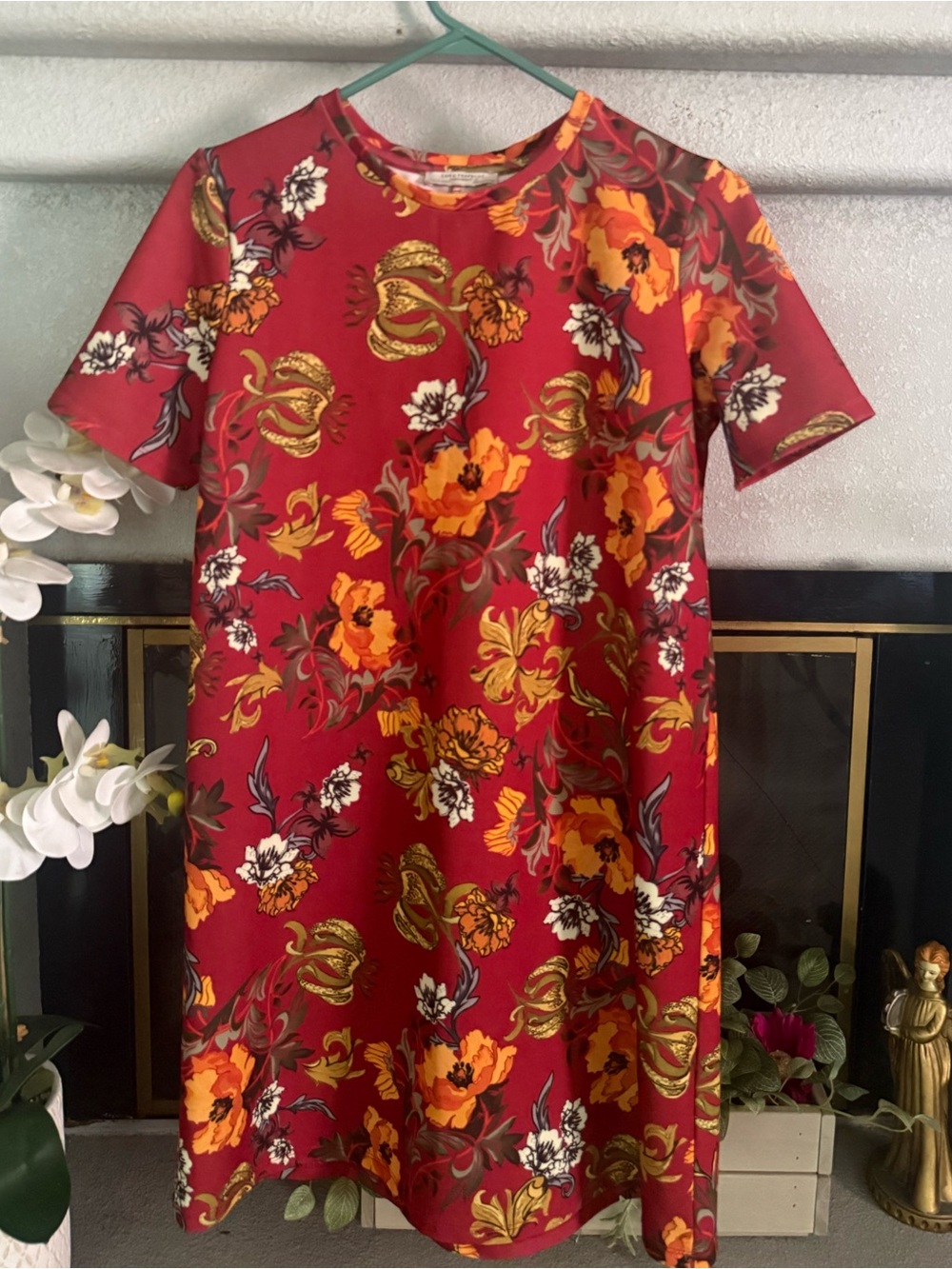 Zara Red/orange Floral Short-Sleeve Dress